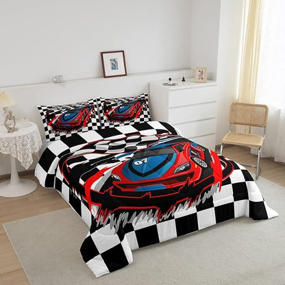 Red Race Car Bedding Set King Size Cool Racing Car Comforter Set Competition Extreme Sports Game Down Comforter for Kids Boys Girls Teens Bedroom Decor Plaid Pattern Duvet Insert with 2 Pillowcases