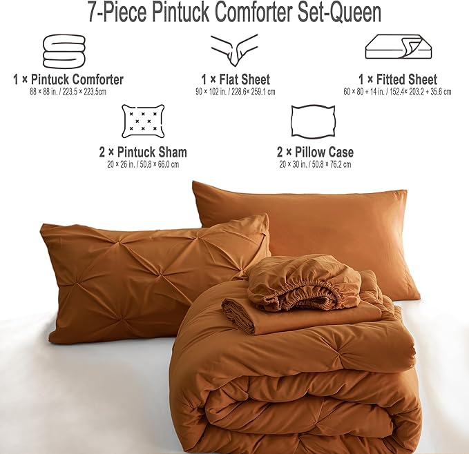 Ubauba 7pc Burnt Orange Queen Comforter Set, Rust 7 Piece Pintuck Bed in a Bag with Sheets, All Season Pinched Pleat Bedding Comforters & Sets,(Rustic, Queen Size)
