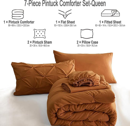 Ubauba 7pc Burnt Orange Queen Comforter Set, Rust 7 Piece Pintuck Bed in a Bag with Sheets, All Season Pinched Pleat Bedding Comforters & Sets,(Rustic, Queen Size)