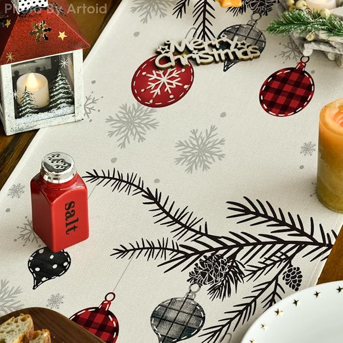 Artoid Mode Grey Pine Trees Snowflake Merry Christmas Table Runner, Winter Xmas Holiday Kitchen Dining Table Decoration for Home Party Decor 13x72 Inch