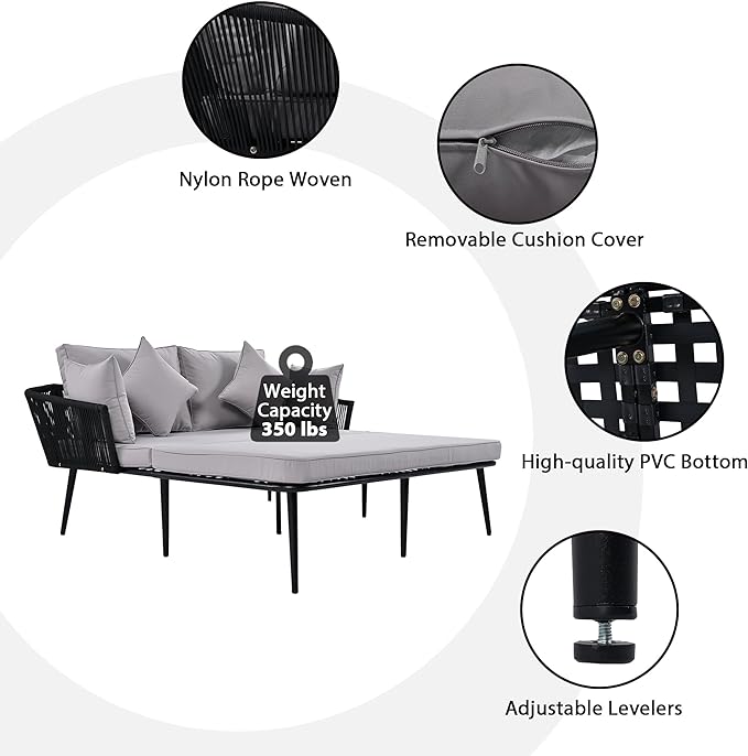 Patio Daybed Set for 2, Outdoor Furniture All-Weather Sofa Sunbed with Adjustable Iron Feet, Woven Nylon Rope Backrest, Washable Cushions and Pillows, for Balcony, Poolside, Gray