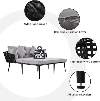 Patio Daybed Set for 2, Outdoor Furniture All-Weather Sofa Sunbed with Adjustable Iron Feet, Woven Nylon Rope Backrest, Washable Cushions and Pillows, for Balcony, Poolside, Gray