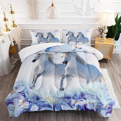 Kid Galloping Horse Comforter Set Floral Butterfly Horse Bedding Set for Boys Girls Adult, 1 Comforter + 2 Pillowcases
