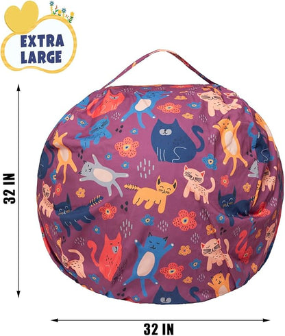 Stuffed Animal Storage Bean Bag Chair Cover, Hold Kids Plush Toys Blankets Towels Beanbag (Cover Only), Canvas Floor Circle Stuff Sit Seat Sofa with YKK Zipper, Large 32", Cat