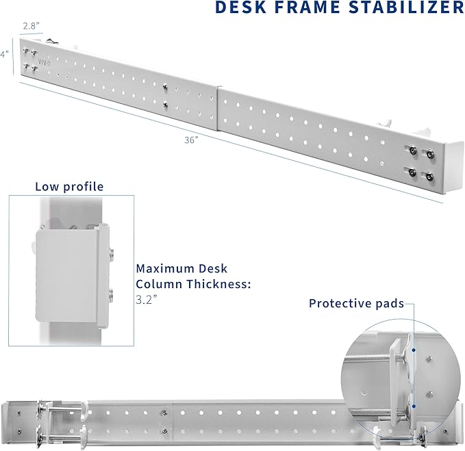 VIVO Universal Steel Clamp-on Desk Stabilizer Bar, 36 to 61.6 inch Bracket Support System for Sit to Stand Desk Frames, White, DESK-STB01W