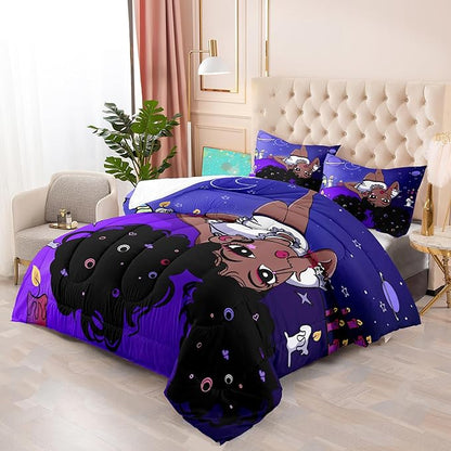 Black Girl Full Size Comforter Set for Girls, African American Girls Bedding Sets Full Girls Bedroom Decor Purple Princess Bed Set Kids Comforter Sets with 1 Comforter +2 Pillowcase
