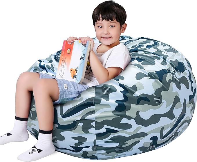 Lukeight Stuffed Animal Storage Bean Bag Chair Cover for Kids, Zipper Beanbag Chair Cover for Organizing Toddler & Kids' Rooms Plush Toys (Camo Velvet, Large)