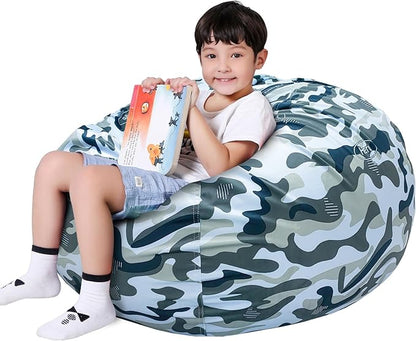 Lukeight Stuffed Animal Storage Bean Bag Chair Cover for Kids, Zipper Beanbag Chair Cover for Organizing Toddler & Kids' Rooms Plush Toys (Camo Velvet, X-Large)