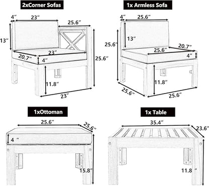 Merax 5 Pieces, Patio Furniture Sets, Solid Wood Sectional Sofa Seating Group with Soft Cushions, for Backyard and Garden, Blue