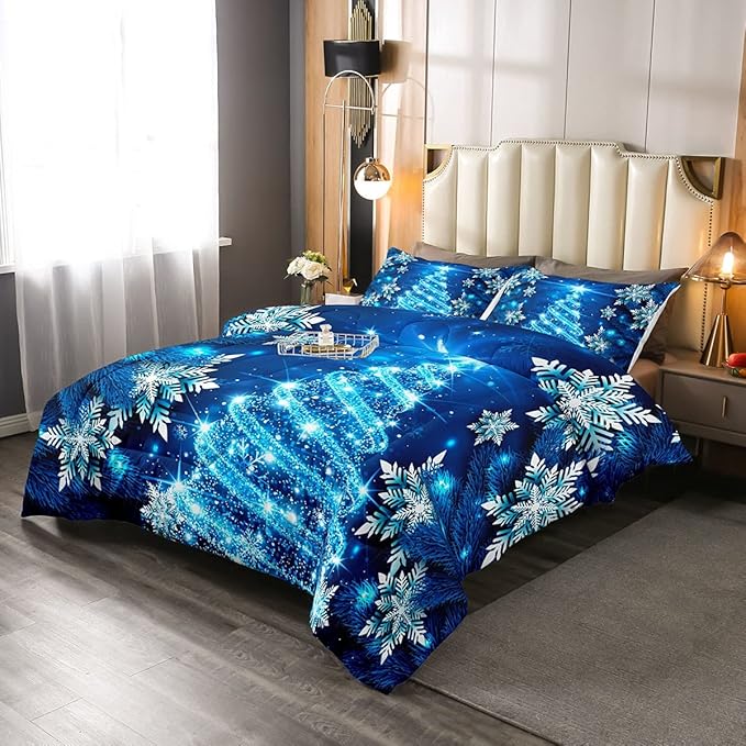 Feelyou Girls Christmas Tree Comforter Set Blue Xmas Theme Comforter Twin Chic Winter Snowflake Bedding Set for Girls Daughter Bedroom Decor Soft Girly Glitter Quilted Duvet Winter Warm Bedding