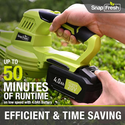 SnapFresh Leaf Blower, 20V Cordless Leaf Blower with 4.0Ah Battery & Fast Charger, 2 Speed Mode, Lightweight Electric Leaf Blower for Lawn Care, Leaf Blower for Patio Yard Sidewalk…