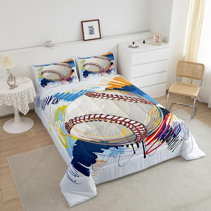 Erosebridal Baseball Comforter Set for Boys Kids Queen Grunge Graffiti Baseball Bedding Set Sports Theme Bed Comforter Sets Watercolor Hippie Tie Dye Quilt Duvet 2 Pillow Cases Hand Drawn Navy