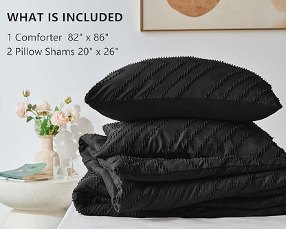 CozyLux Full Size Comforter Set Black - 3 Pieces Black Boho Tufted Shabby Chic Bedding Comforter Set for All Seasons, Chevron Bedding Sets with Comforter & 2 Pillow Shams