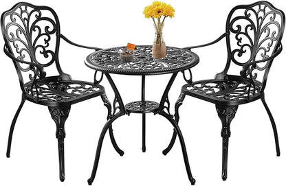Bistro Table and Chairs Set of 2, Cast Aluminum Patio Furniture, Outdoor Bistro Set 3 Piece with Umbrella Hole for Balcony Porch Yard