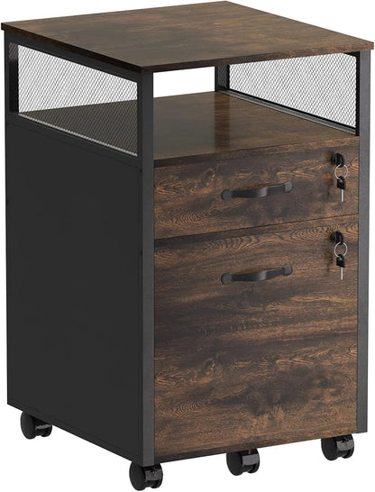 2 drawer file cabinet with lock, Wood Filing Cabinet for Home Office with Wheels and Open Shelf, Small Rolling Printer Stand and Under Desk File Cabinets for A4/Letter-Size Files-Brown