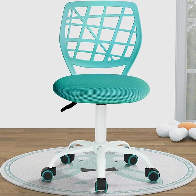 FurnitureR Kids Desk Chair, Armless Office Chair Small Adjsutable Swivel Task Chair with Soft Cushion for Study Kids Teens Child, Turquoise