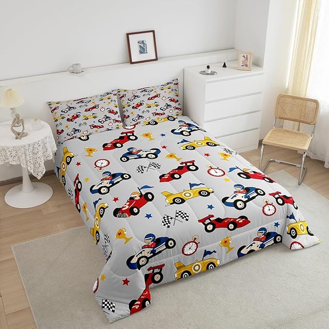 Feelyou Kids Cartoon Car Comforter Set Twin Size Racing Car Bedding Set for Boys Girls Teen Kids Children Home Decor Racing Car Comforter Race Cars Quilt Bed Set Red Grey Bedding Set for All Season