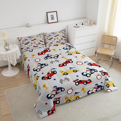 Feelyou Kids Cartoon Car Comforter Set Full Size Racing Car Bedding Set for Boys Girls Teen Kids Children Home Decor Racing Car Comforter Race Cars Quilt Bed Set Red Grey Bedding Set for All Season