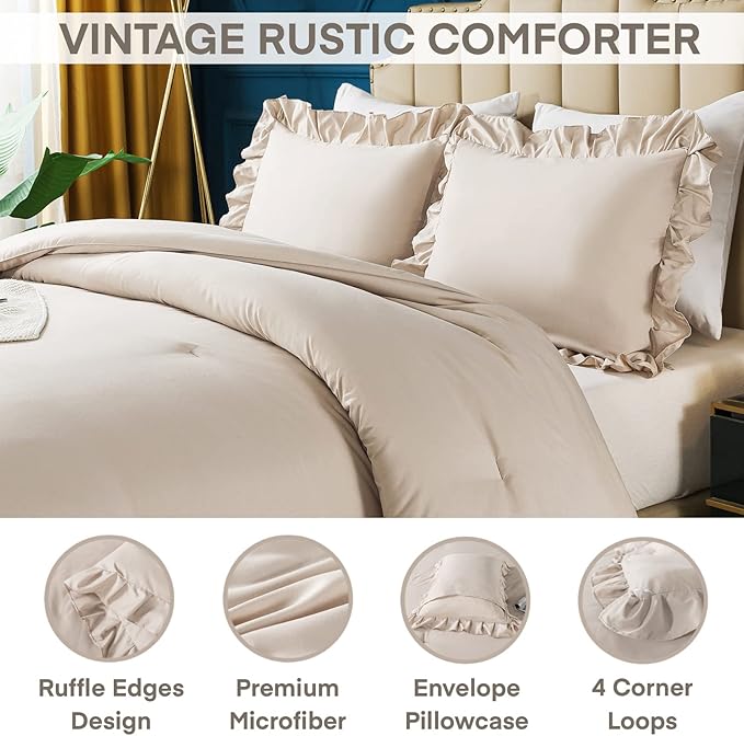 Andency Khaki Comforter King Size(104x90Inch), 3 Pieces Farmhouse Shabby Chic Bedding Comforters & Sets, All Season Soft Lightweight Down Alternative Bed Set for Men Women