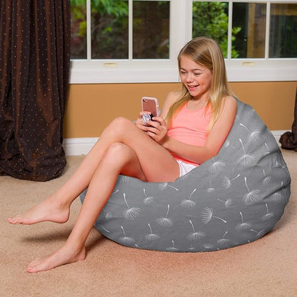 Posh Creations Bean Bag Chair for Kids, Teens, and Adults Includes Removable and Machine Washable Cover, Canvas White Dandelions on Gray, 38in - Large