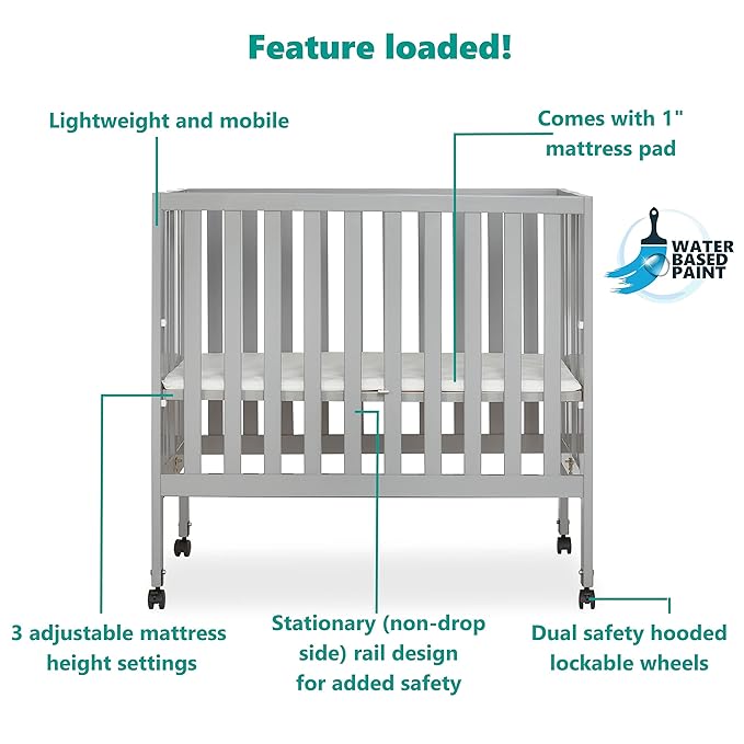 Jett Non-Full Size Folding Convertible Crib, Lightweight Portable Crib, Three Adjustable Mattress Height Settings, Easy to Fold Travel Crib, 1.5” Mattress Pad Included