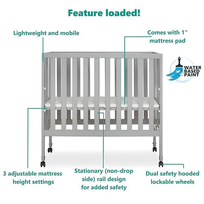 Jett Non-Full Size Folding Convertible Crib, Lightweight Portable Crib, Three Adjustable Mattress Height Settings, Easy to Fold Travel Crib, 1.5” Mattress Pad Included