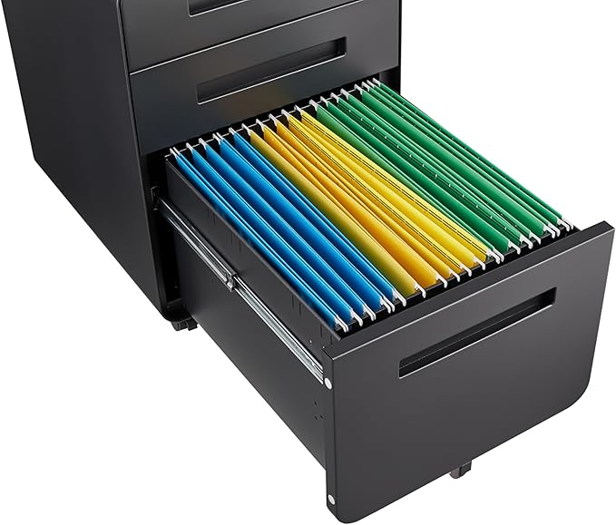 3 Drawer Mobile Desk Office with Lock and Wheels,Versatile Storage Cabinets w/Anti-Tilting Cold Rolled Steel Waterproof Moisture-Proof,for Legal/Letter/A4 Files,Black