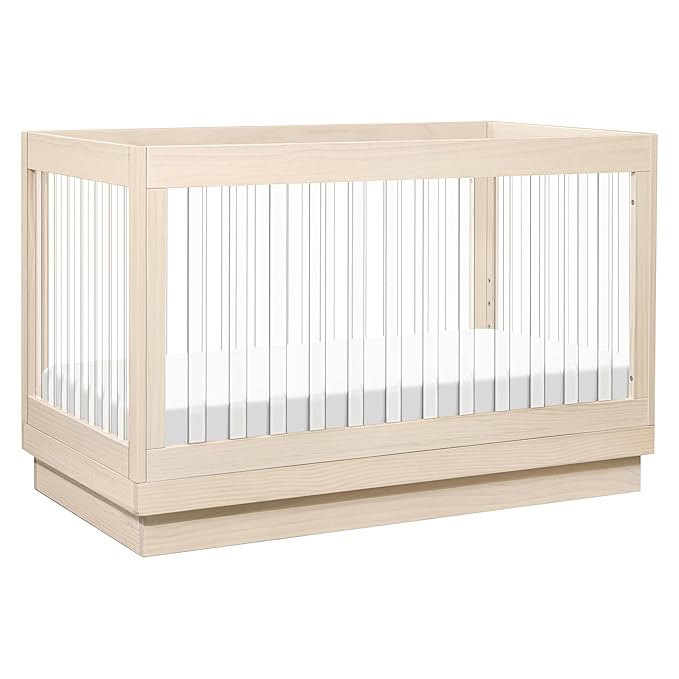 Babyletto Harlow Acrylic 3-in-1 Convertible Crib with Toddler Bed Conversion Kit in Washed Natural with Acrylic Slats, Greenguard Gold Certified
