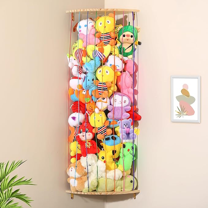 Stuffed Animal Storage Toy Organizer, Wood Corner Plushies Storage Wall Shelf Adjustable Length Stuffed Animal Holder, Large Kids Toy Storage for Nursery Playroom Bedroom Kid Room