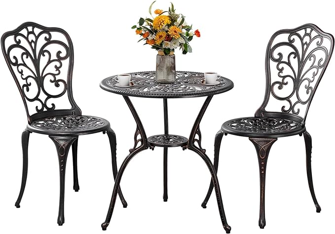 3 Piece Patio Set Metal Bistro Set,Cast Aluminum Outdoor Bistro Table and Chairs Set of 2 with Umbrella Hole,All Weather Patio Bistro Sets for Front Porch Set Garden,Backyard(Bronze)