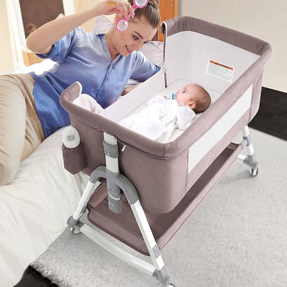 4 in 1 Baby Bassinet, Rocking Bassinets Bedside Sleeper with Comfy Mattress and Wheels, Height Adjustable Easy Folding Portable Bedside Crib for Newborn Infant,Khaki