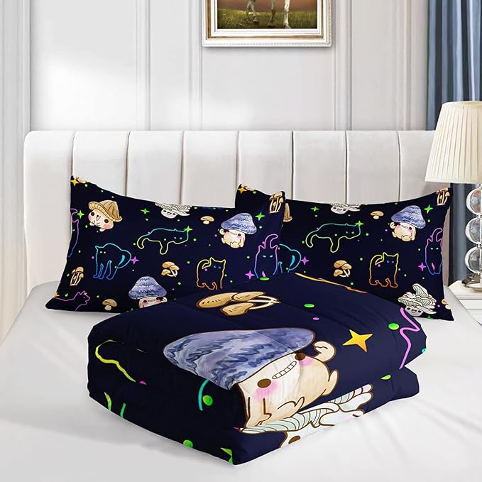 Mushroom Kawaii Cat Comforter Set Queen Size Kids Mushroom Bedding Set Star Theme Quilt Bed Set for Boys Girls Adults with 1 Comforter and 2 Pillowcases