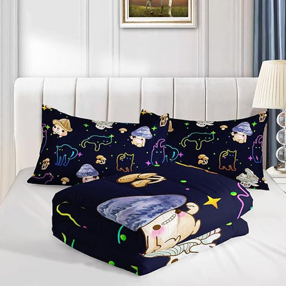 Mushroom Kawaii Cat Comforter Set Twin Size Kids Mushroom Bedding Set Star Theme Quilt Bed Set for Boys Girls Adults with 1 Comforter and 2 Pillowcases