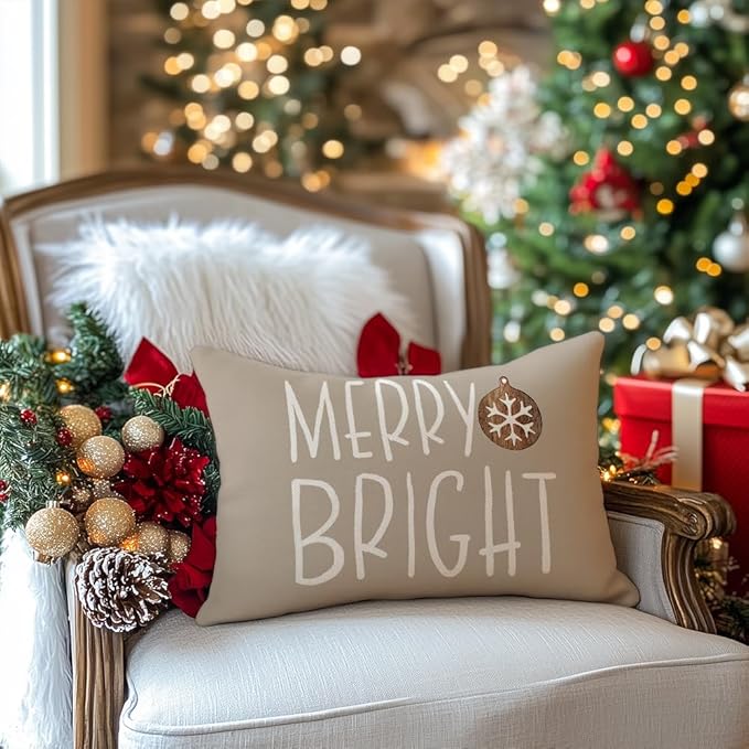 GEEORY Christmas Pillow Covers 12 x 20 Set of 4, Striped Wooden Tree Snow Sleigh Merry Bright Xmas Holiday Decor Decorative Throw Cushion Case Decoration for Home Party Sofa Couch (Brown) G399-12
