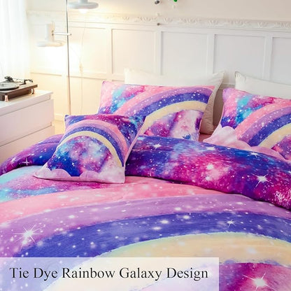 6 Pcs Tie Dye Pink Twin Comforter Set for Girls, 3D Rainbow Galaxy Gradient Themed Bed in A Bag, Pastle Nebula Kids Bedding Set with Sheets, Comforter and Pillowcases for All Season