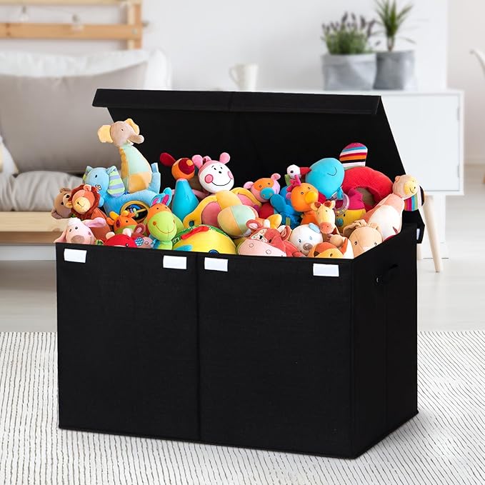 122L Large Toy Box Chest with Lid, Foldable Toy Storage Organizer Bin Boxes with Removable Divider for Kids, Boys, Girls, Nursery, Playroom, 26"x17" x17"(Linen Black)