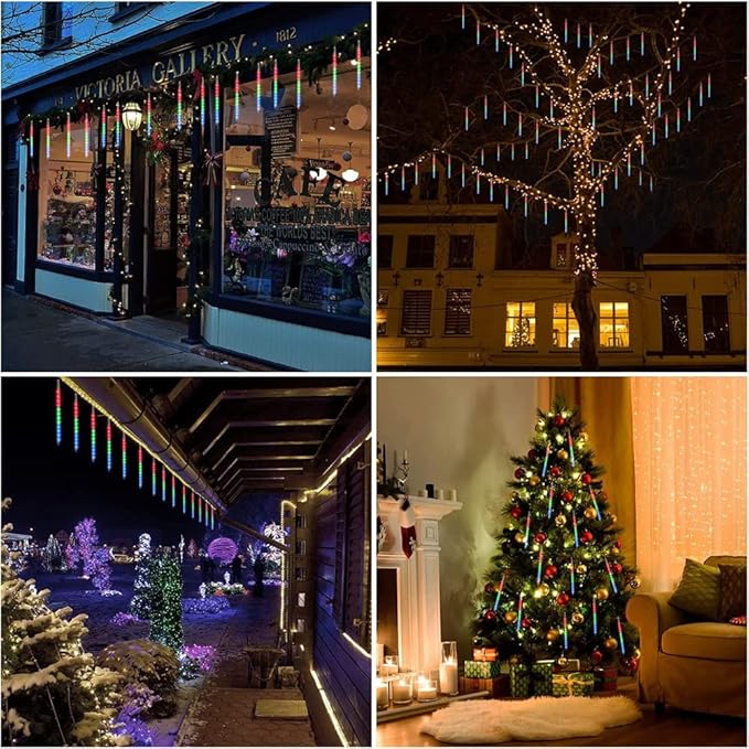 Meteor Shower Lights UL Certified 192 LED Falling Rain Lights with 30cm 8 Tubes rain Drop Christmas Icicle Cascading Lights for Xmas Halloween Decorations Party Holiday Garden Tree,Multicolor