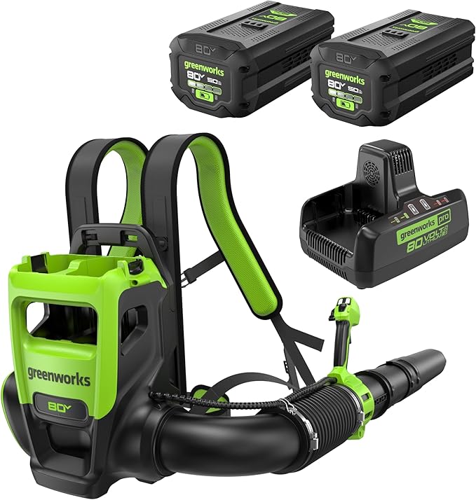 Greenworks 80V (800 CFM) Dual Port Backpack Blower with (2) 5.0 Ah Batteries, Dual Port Rapid Charger