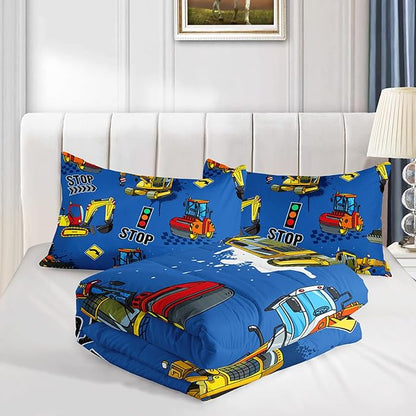 Axolotl Blue Excavator Bedding Queen,3Pcs Boys Construction Comforter Set,Cartoon Machinery Truck Bedding Set for Boys Kids Children Teens Bedroom Decor Cars Quilt Set with 1 Comforter 2 Pillowcase