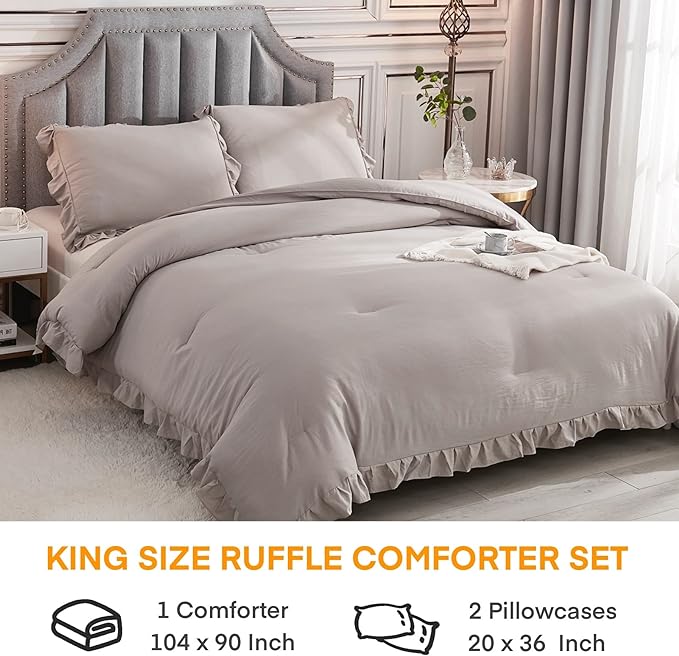 Andency Wheat Ruffled Comforter King(104x90Inch), 3 Pieces(1 Ruffle Comforter and 2 Pillowcases) Vintage Ruffle Fringe Comforter, Farmhouse Rustic Microfiber Down Alternative Bedding Comforter Set