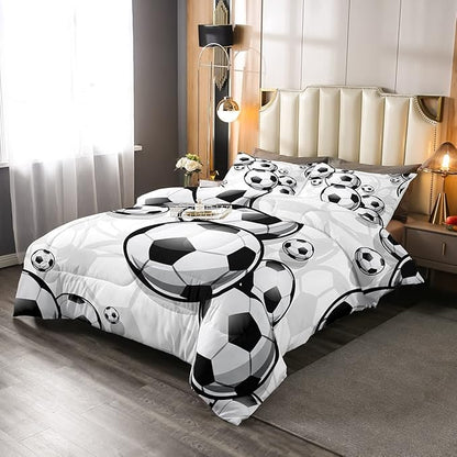 Erosebridal Boys Soccer Bedding Sets Football Down Comforter Sports Gaming Comforter Set for Kids Girls Teens Soccer Hand Draw Quilt Set with 1 Pillow Case Twin Size Child Bedroom Decor Black White