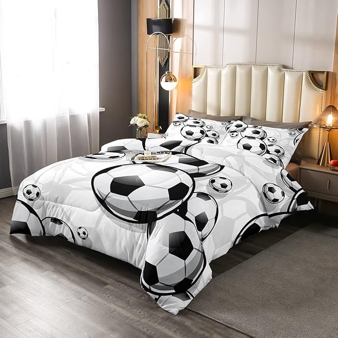 Erosebridal Boys Soccer Bedding Sets Football Down Comforter Sports Gaming Comforter Set for Kids Girls Soccer Hand Draw Quilt Set with 1 Comforter and 2 Pillow Cases Full Size Black White