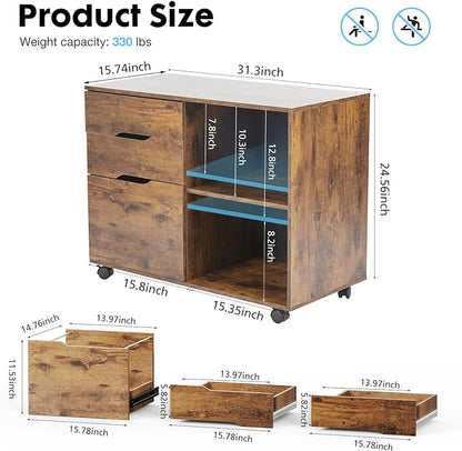 Sweetcrispy 3-Drawer File Cabinet, Lateral Mobile Filing Cabinet Wood Under Desk Storage Organizer with Wheels, Printer Stand & Open Shelves for Home Office Organization - Rustic Brown
