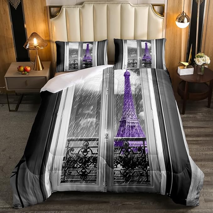 Erosebridal Purple Eiffel Tower Comforter Set Queen,vintage France Paris Bedding Set for Girls Teens Women Retro City Building Down Comforter Romantic Rainy Day Quilt Set 2 Pillow Cases Bedroom Decor