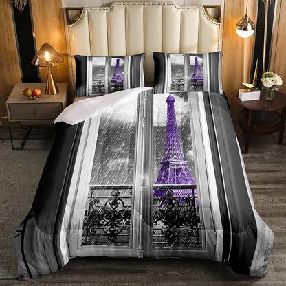 Erosebridal Purple Eiffel Tower Comforter Set Full,vintage France Paris Bedding Set for Girls Teens Women Retro City Building Down Comforter Romantic Rainy Day Quilt Set 2 Pillow Cases Bedroom Decor