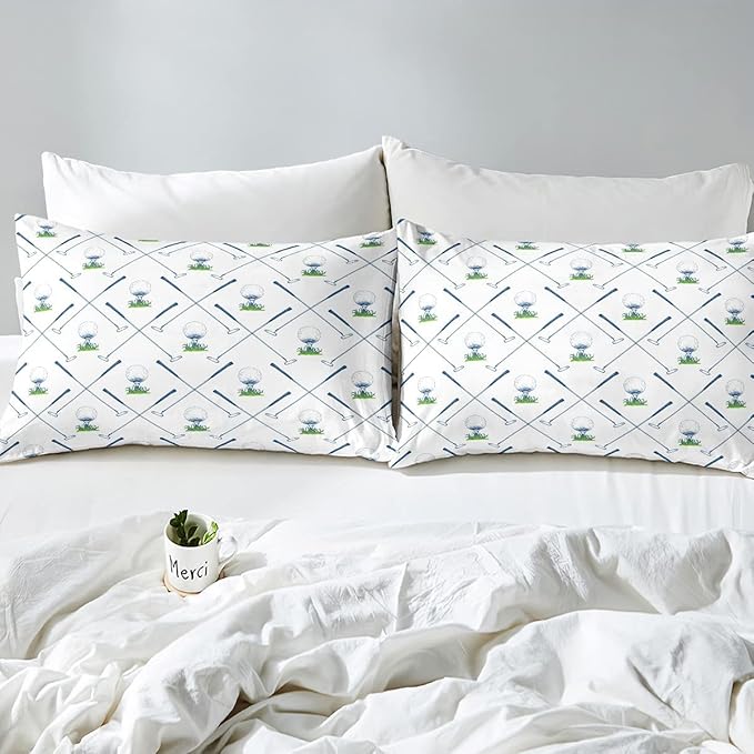 Erosebridal Golf Comforter Set Twin Size Golf Club Bedding Set Sport Game Athlete Grass Leaf Branches Down Comforter for Men, Room Decorative 2 Pieces Comforter with 1 Pillow Case, White