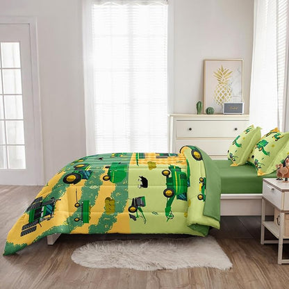 Full Construction Bedding Set for Boys Kids Farm Tractor Bedding 5 Pieces Cars Full Comforter Set for Boys, Full Truck Bed in a Bag Set Boys