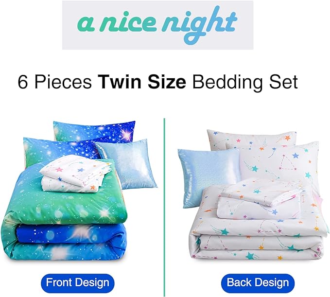 A Nice Night 6Pcs Gradient Glitter Bedding Set for Girls, Colorful Rainbow Galaxy Comforter Set, Ultra Soft Bedding Sets (Blue-Green,Twin 6Pcs)
