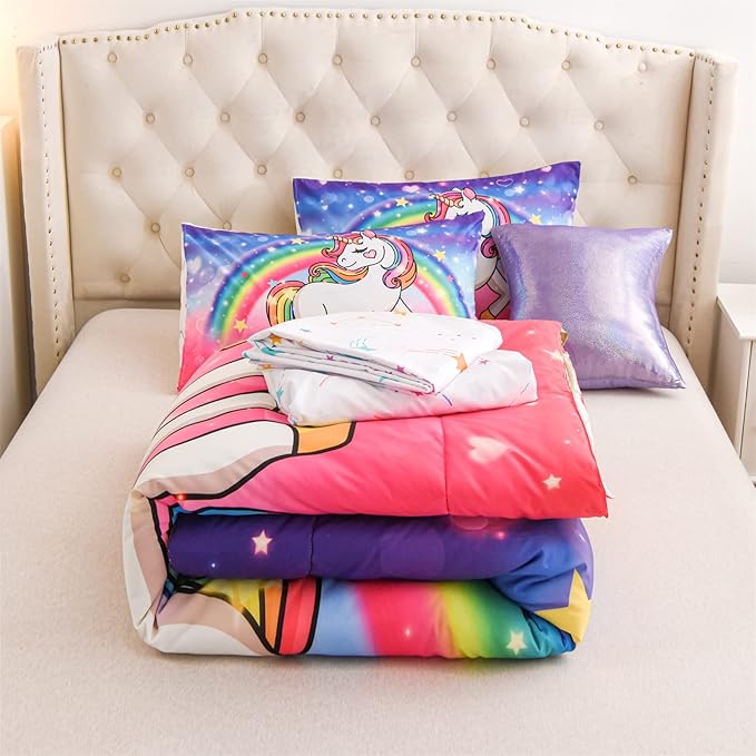Aimuan Girls Unicorn Comforter Set 6 Pieces Pink Purple Bedding Set with Rainbow Star Galaxy Stars Fantasy Children Room Decor Soft Reversible Bed Sets for Boys/Girls/Teens (Pink-purple Full6Pcs)