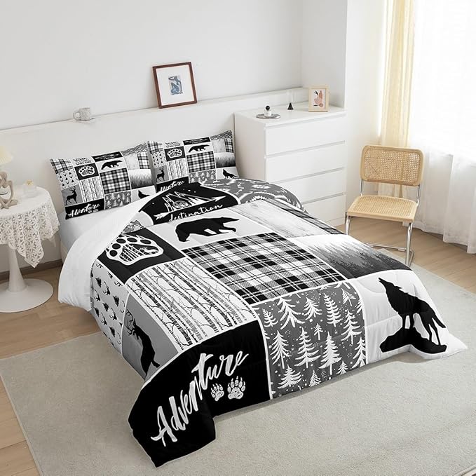 Deer Bear Comforter Set Queen Size,Pine Trees Christmas Bedding Set for Kids Boys Girls Adults Room Decor,Camping Adventure Rustic Farmhouse Down Comforter,Black Retro Duvet Insert,2 Pillowcases